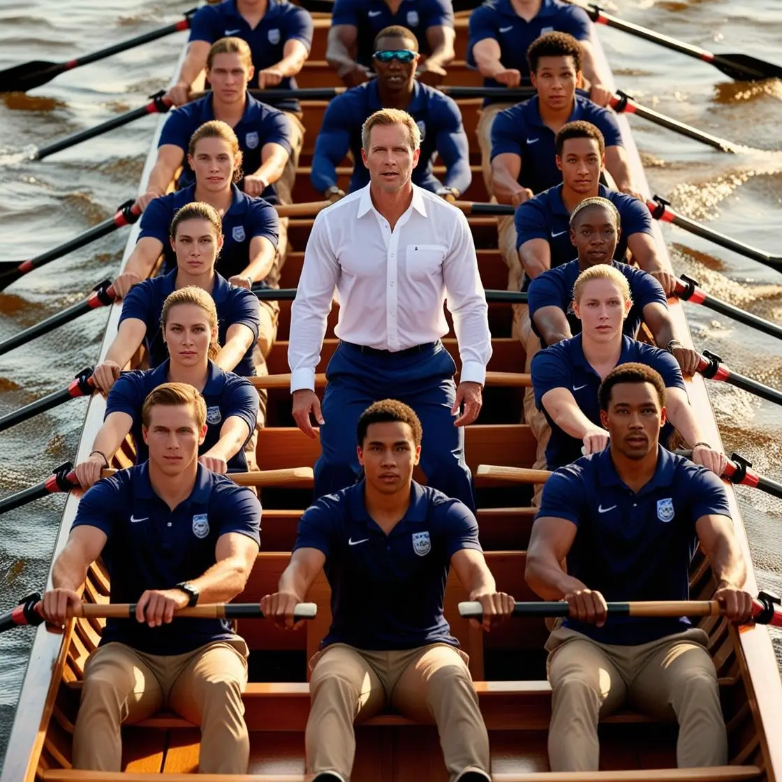 A leader and rowing team moving together in one boat